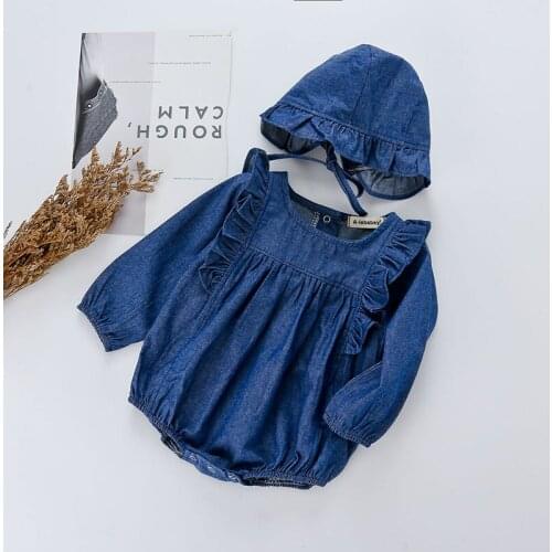 Baby Girl Clothes 2019 Spring Newborn Baby Rompers For Girls Soft Denim Ruffle Baby Clothes For Girl Infant Jumpsuit With Hat