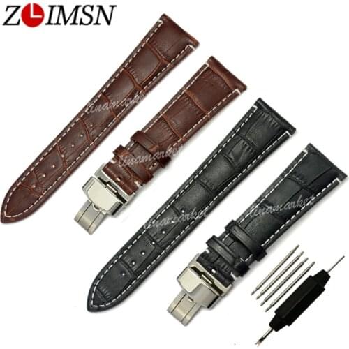 ZLIMSN Genuine Men Business Leather Fashion Mens Watchbands Black with White stitched Watch Band Strap 18mm 20mm 22mm 24mm