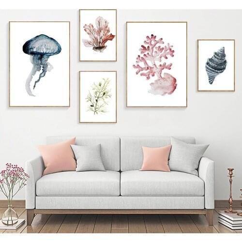 WTQ Print Jellyfish Pink Blue Coral Poster Shell Wall Art Canvas Painting Baby Posters Pictures Nursery Kids Room Decoration