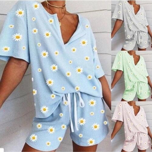 Womens Sleepwear Daisy Floral Print Short Set Pajamas For Women Pajama Set Sweet Short Sleeve T Shirts & Shorts Summer Pijama