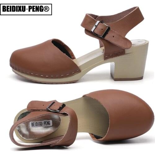 Head Closed Toe Ankle Strappy Buckle Platform Mules Sandal Shoes Women Heeled Wedge Pumps Mary Jane Genuine Leather Round