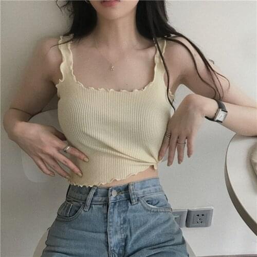 Women Slim Solid Tanks Crop Tops Camises Girls Knitted Thin Ruched Stretchy Knitwear Basic Camisole Sleeveless T-shirts Camis