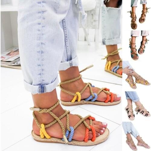 Women Sandals Rome Stagger Hemp Rope Lace Up Flat Sandals Gladiator Cross Beach Shoes 2020 Fashion Summer Shoes Non-slip -OPK
