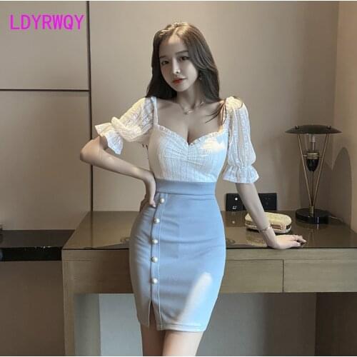 LDYRWQY with low-cut waist and split buttocks Office Lady Sheath Patchwork Knee-Length Nightclub sexy dress