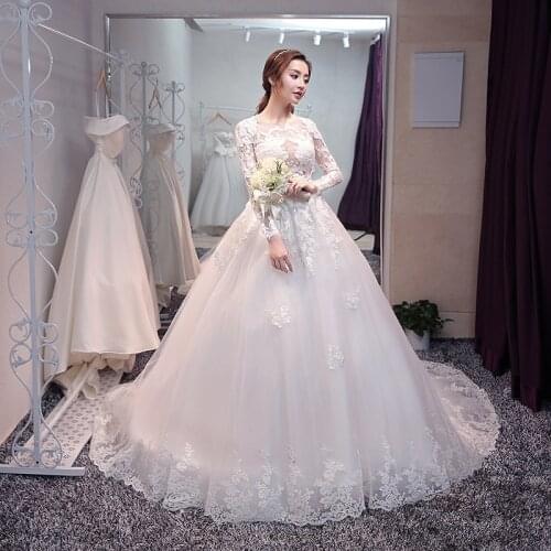 Wedding Dress Illusion Elegant O-Neck Full Tulle Lace Embroidery Floor-Length Luxury Button White Vintage Women Bride Gown GB053