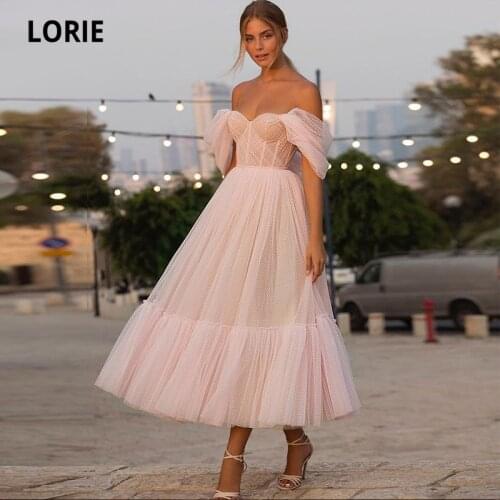 LORIE Vintage Prom Dresses Polka Dot Sweeheart Off the Shoulder Pink A-Line Tea Length Celebrity Party Gown for Graduation