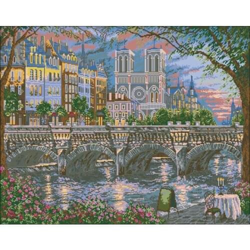 14/11/22/25/28/18/16CT Lovely Counted Cross Stitch Kit Seine River Riverside dining table Church and Bridge landscape