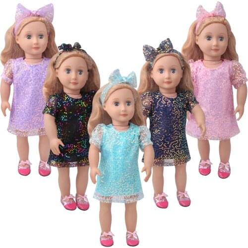 18 inch Girls doll clothes Sequined lace dress + bow doll dress American doll skirt newborn Baby toys fit 43 cm Baby dolls c914