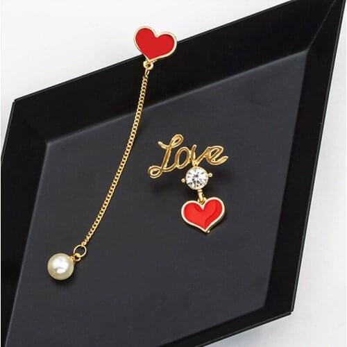 2021 Sweety Korean Red Love Heart Earrings For Girl Circle Simulated Pearl Pendant Long Chain Earrings Asymmetry Earings Jewelry