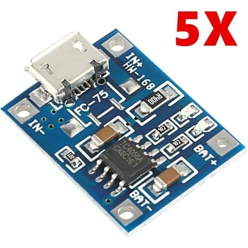 5pcs/lot TP4056 5V TENSTAR ROBOT 1A Micro USB 18650 Lithium Battery Charging Board Charger Module + Protection Dual Functions