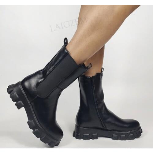 BERZIMER Women Ankle Boots Faux Leather Platform Pull On Boots Low Heels Ladies Girls Dress Shoes Woman 2021 Big Size 34 39 46