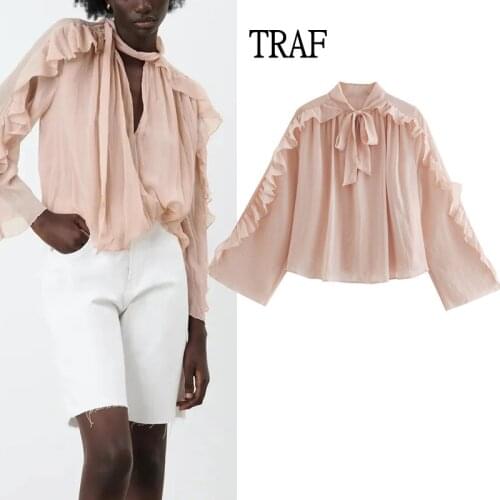 TRAF Za Blouse Top 2021 Pale Pink Bowknot Loose Long Sleeve Shirt Plus Size Women Clothing Vintage Top Female Elegant Blouses