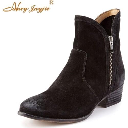Black Flock Zipper Ankle Boots For Women 2021 Autumn Winter Female Office Round Toe Chunky Heel Booties Girl Party School Shoes