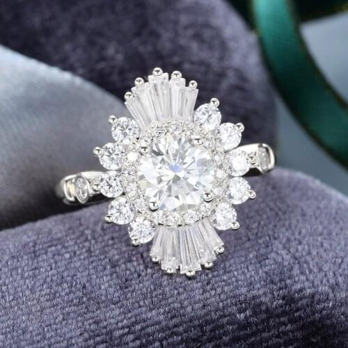 EDI Gothic Art Deco Engagement Ring 14k White Gold Round Brilliant Moissanites Baguette Cut Natural Conflict-Free Diamond Ring