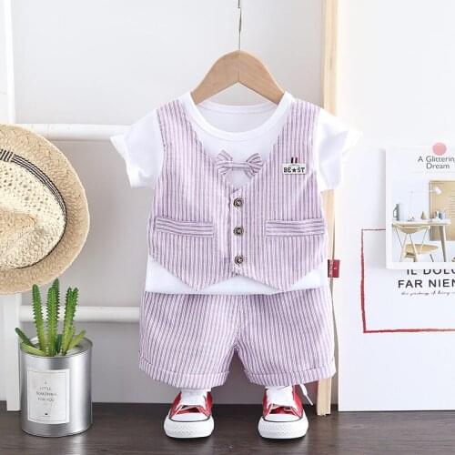 New Summer Children Baby Boys Cotton Clothes Infant Outfits Kid Gentleman Bowknot Tie T-Shirt Toddler Fashion Clothing KIDS SUIT