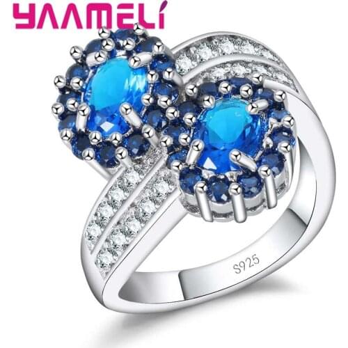 Sweet Blue Crystal Flower Round Geometric Fashion Style Ring Jewelry 925 Sterling Silver Cubic Zirconia For Women Party