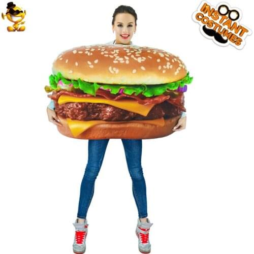 Carnival Adult Party Yummy Hamburger Jumpsuit Halloween Fashion Funny Food Mascot Suit Unisex Women Cosplay Hamburger Costume