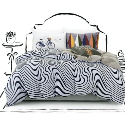 100% Cotton Sanding Printed Flower Bedding Set Cartoon Bed Sheet set Duvet Cover Pillowcase Queen King 4pcs black white stripe