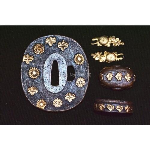 A Suit Of Copper Plated Gild Japanese Katana WAKIZASHI Sword Accessories Tsuba+Fuchi+Kashira+Menukl