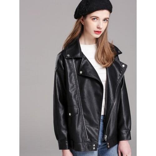 New Spring and Autumn Womens Fashion Large Size Leather Jacket Ladies Loose Zipper Leather Jacket Ladies PU Motorcycle Jacket