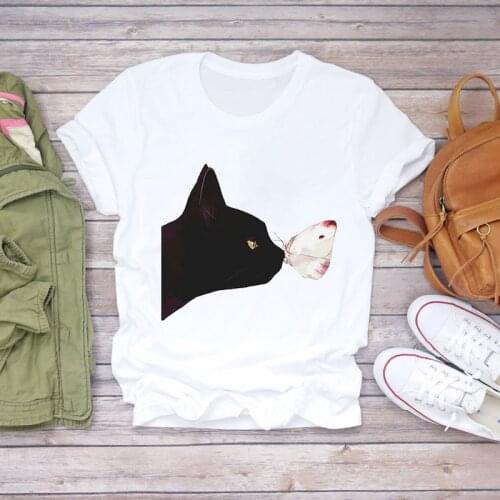 Summer Short Sleeve Tops Women T-shirts 90s Black Cat Butterfly Graphic Printing Animal Ladies Print TShirts Female Tee Shirt