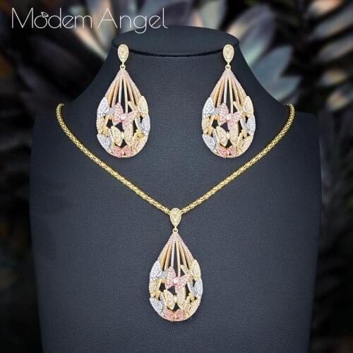 ModemAngel Luxury Butterfly Water Drop Circle Cubic Zirconia Pendant NECKLACE EARRINGS For Dubai Women High Quality Jewelry