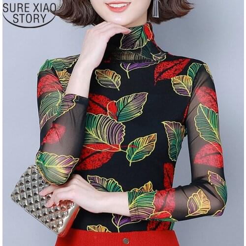 Fashion Spring Autumn Printed Bottoms Women Blouses turtleneck Long Sleeve Slim Mesh Sexy Hollow Ladies Tops Plus Size 7511 50