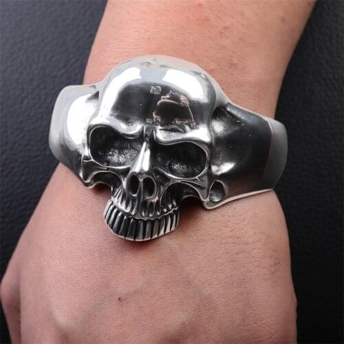 Mens Skull Metal Bracelet Hip Hop Rock Bracelet Silver Color Open Cuff Bracelet Neo-Gothic Style Jewelry