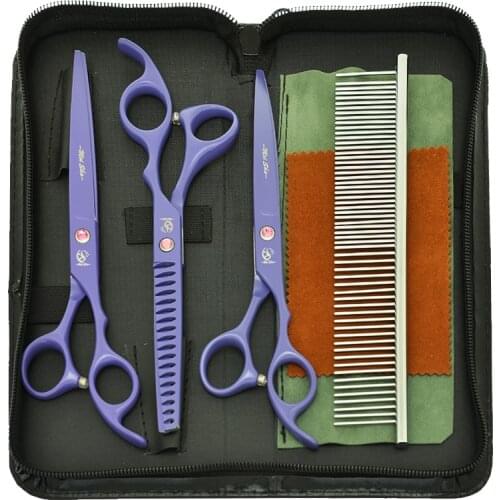 7" Japan Steel Professional Grooming Scissors Pets Straight Curved Cutting Shears Fish Bone 18 Teeth Dog Thinning Clipper B0039A