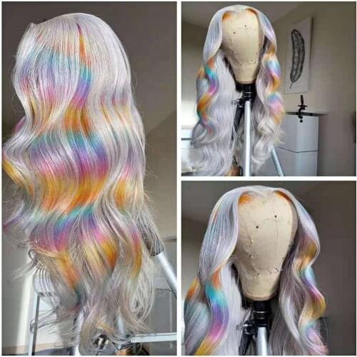 Rainbow Wig Grey Colored Human Hair Wigs Highlight Ombre Lace Front Wig Pre Plucked Brazilian Remy Pink Transparent Lace Wigs