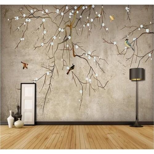 Custom wallpaper hand-painted brushwork flower bird plum background wall decoration painting-high-grade waterproof material