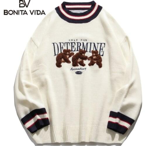 Bonita Vida Bear Patchwork Striped Knitted Jumpers Sweaters Streetwear Hip Hop Harajuku Casual Pullover knitwear Mens Tops