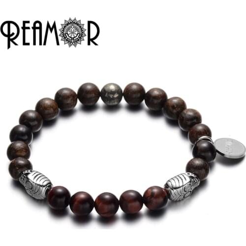REAMOR New Stainless Steel Skull Natural Bronzite Gem Stone Bracelet Red Tiger Eye Stone Elastic Bracelets&Bangles Men Jewelry