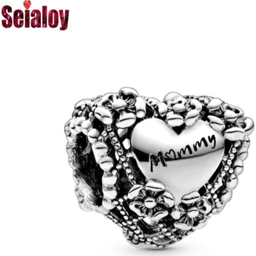 Seialoy Silver Color Flowers Love Mommy Heart Beaded Charm Fit Brands Bracelet Necklace Diy Original Women Jewelry Accessory