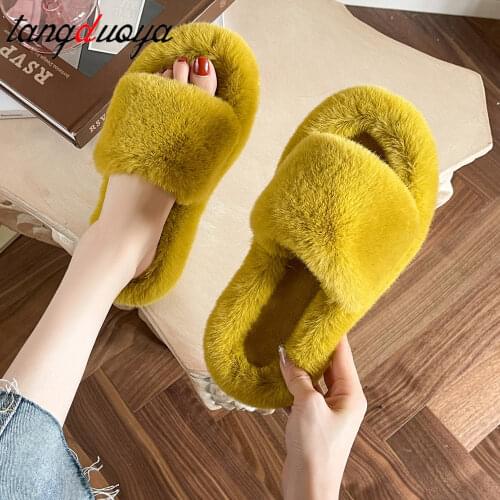 Faux Fur Home Slippers Fluffy Women Slides Comfort Furry Flat Sandals Female Cute Slippers Shoes For Woman Indoor Flip Flops
