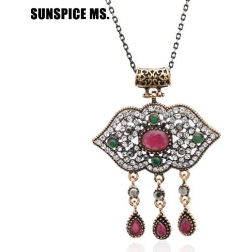 SUNSPICEMS Turkish Crystal Pendant Necklace Bohemia Ethnic Wedding Jewelry Antique Gold Color Flower Lock Necklace Wholesale New