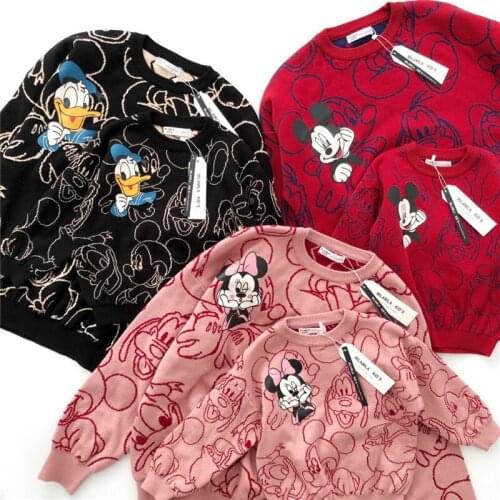 Mom and Child Mickey Minnie Mouse Donald Duck Kids Sweater Jacquard Knitted Pullover Jumper Sweatshirt For Boys Girls