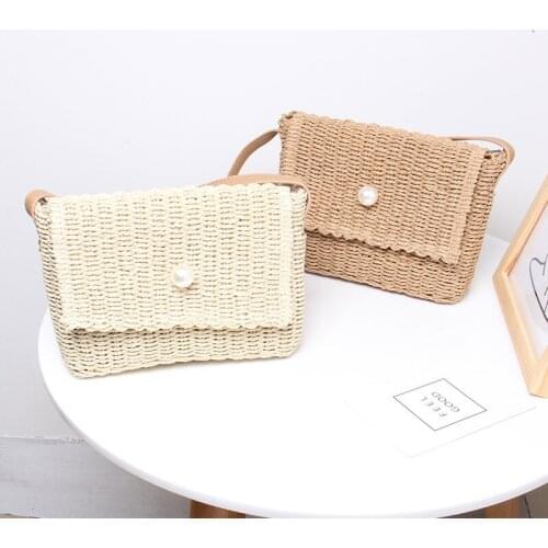 Pearl woven bag shoulder messenger fashion straw woven bag female fairy seaside vacation bag small square bag tide