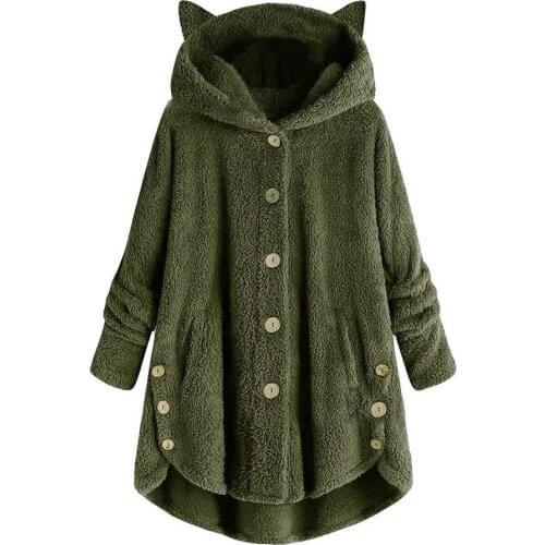 Womens Plus Velvet Sports Winter Cute Cats Ears Hooded Irregular Hem Buttons Jacket Fleece Coat Outerwear