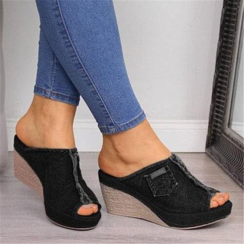 New Womens High Heels Fashion Denim Slippers Women Wedge Heel Toe Platform Shoes Large Size 35- 42 43 Sandals Zapatos De Mujer