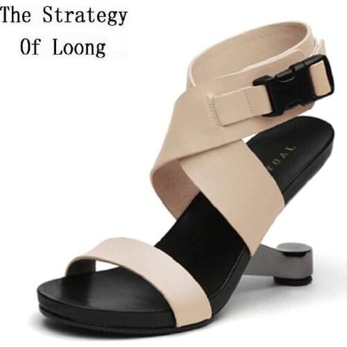 Summer New British Style Metal Strange Heels Peep Toe Cut Out Platform Buckle Genuine Leather Women Gladiator Sandals 2021