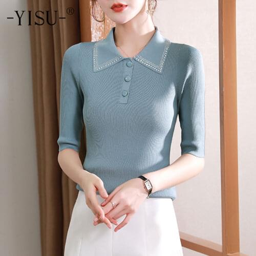 YISU Women Summer Sweaters Summer tops Lapel Solid color Slim Short sleeve Jumper Sweater Thin Casual Knitted Pullover