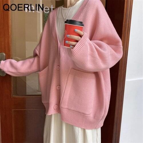 QOERLIN Pockets V Neck Women Button Pink Cardigan Long Sleeve Sweater Fall Winter Knitted Loose Oversized Jumper Casual Sweater
