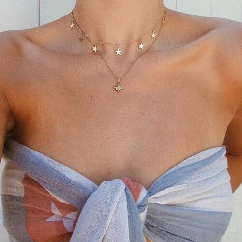 Tocona Bohemian Star Tassel Pendant Necklace Shiny Rhinestone Gold Color Alloy Metal Chain Choker Jewelry for Women 9492