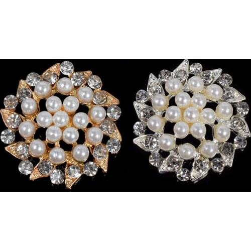 2016New 50Pcs 32mm Big Gold Rhinestone Pearl Buttons for DIY Bridal Bouquet or Clothing and Hair Decoration ZJ176