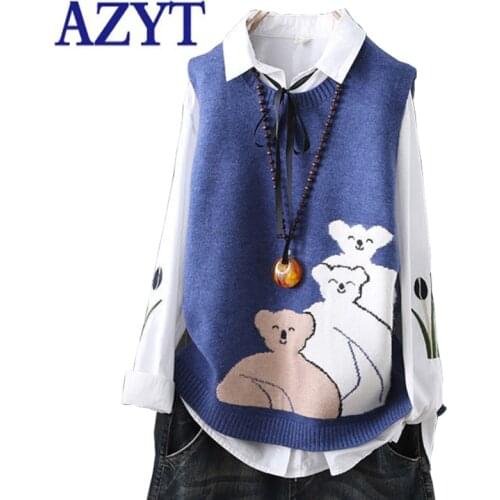 AZYT O Neck Pullover Women Sweater Vest 2021 New Cartoon Print Sleeveless Jacket Female Casual Streetwear Knitwear Tank Tops