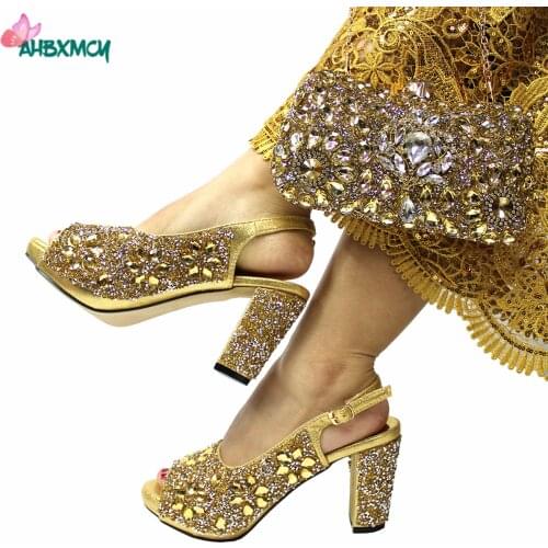 High Quality New Design Golden Color Nigerian Ladies Shoes and Bag Set Comfortable Heels Party Sandals