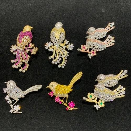 Copper with cubic zircon birds brooch pin pink yellow multi color single double birds fashion women & men jewelry free shipping