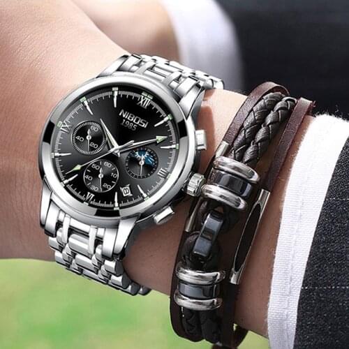 NIBOSI New Brand Watch Men Leather Sports Watches Mens Army Military Quartz Wristwatch Chronograph Male Clock Relogio Masculino