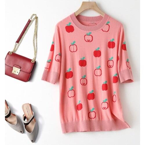 Womens T-shirt summer sweet apple crew neck short sleeve T-shirt breathable print Pullover mid sleeve womens wear